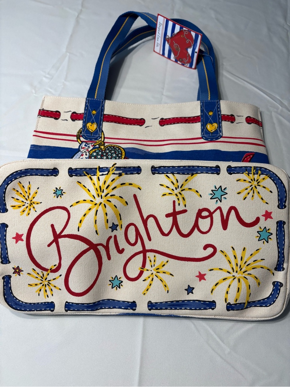 Brighton Blue & White Striped 'Love' Canvas Tote Bag with Red Accents - Picture 5 of 7